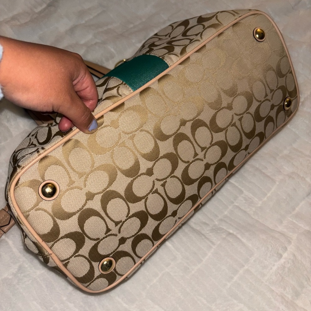 Coach Signature Khaki Tan with Green Stripe Drawstring Carryall (F28501) - Picture 8 of 10